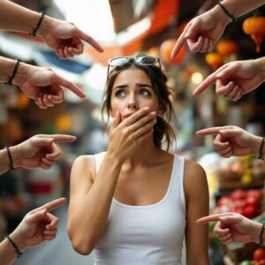 Mujer en una calle concurrida cubriéndose la boca con la mano mientras múltiples manos ajenas la señalan, representando la presión social y el juicio que rodean a la figura de la “señora” como categoría moral.