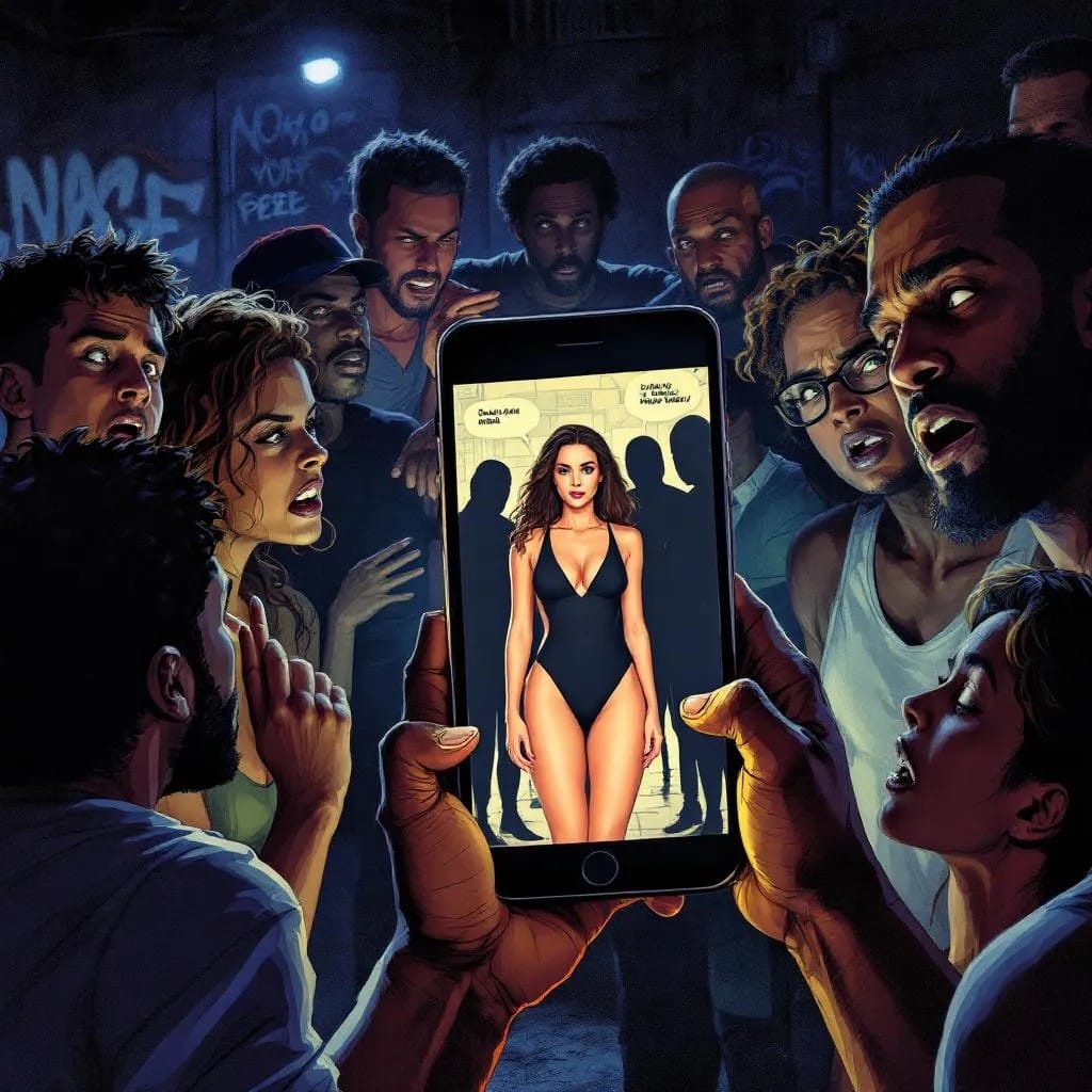 Grupo de personas mirando un celular con la imagen de una mujer en traje de baño, representando la doble moral frente al contenido sugerente.