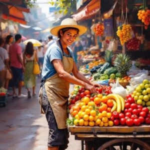 Persona acomodando frutas y verduras en un puesto de mercado callejero