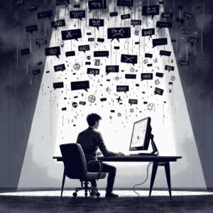 Ilustración de una persona frente a una computadora recibiendo mensajes de agresión verbal y hostigamiento digital.
