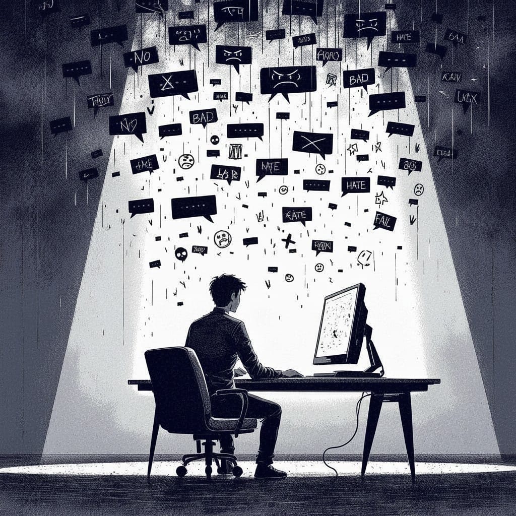 Ilustración de una persona frente a una computadora recibiendo mensajes de agresión verbal y hostigamiento digital.