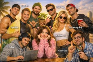 Grupo de ocho personas posando al aire libre con una ciudad y palmeras de fondo. Cada una representa un arquetipo digital: Gym Bro con una tabla de surf, Surf Bro relajado, Tech Bro con auriculares y laptop, That Guy y The Wrong Guy con actitudes casuales, Hot Girl posando con seguridad y Clean Girl en el centro con un suéter rosa y corazones gráficos alrededor.