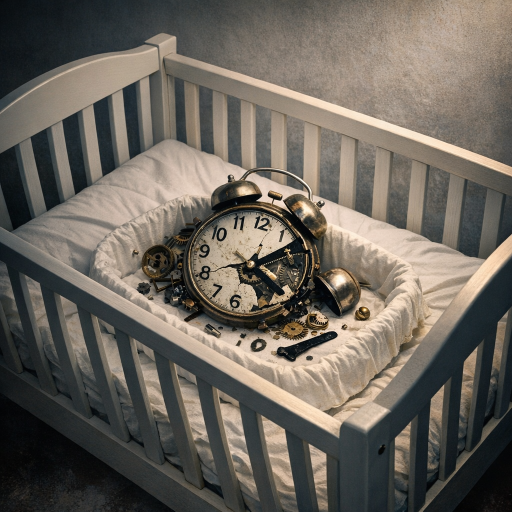 Cuna blanca con un reloj biológico desarmado, imagen sobre la crisis cultural de la reproducción