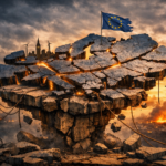 Una Europa fragmentada sostenida sobre un pedestal que se resquebraja: un mapa dividido por fisuras luminosas, tensiones visibles, una estructura que se mantiene en pie más por inercia que por convicción