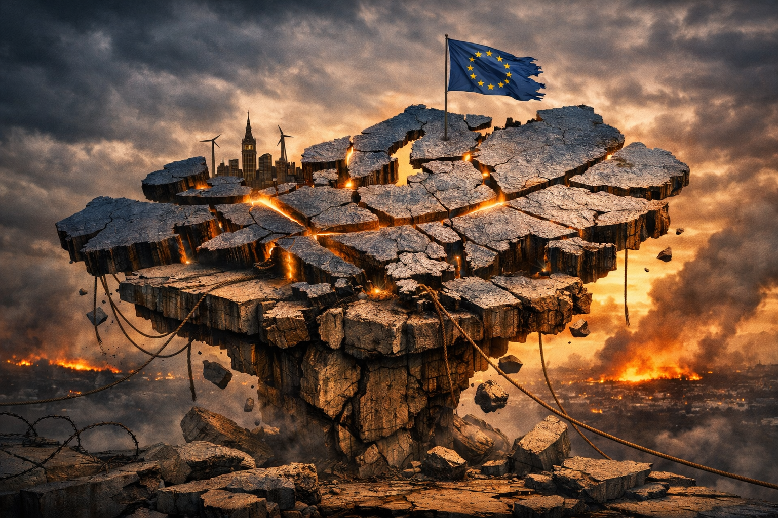 Una Europa fragmentada sostenida sobre un pedestal que se resquebraja: un mapa dividido por fisuras luminosas, tensiones visibles, una estructura que se mantiene en pie más por inercia que por convicción