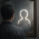 Persona adulta frente a un espejo donde aparece la silueta luminosa de su infancia, metáfora visual sobre cómo la familia instala los primeros patrones emocionales