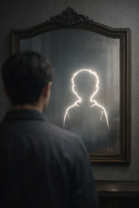 Persona adulta frente a un espejo donde aparece la silueta luminosa de su infancia, metáfora visual sobre cómo la familia instala los primeros patrones emocionales