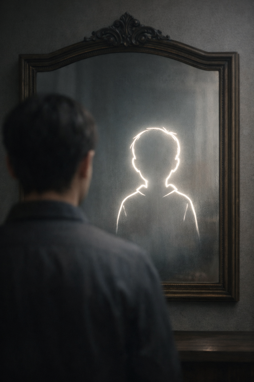 Persona adulta frente a un espejo donde aparece la silueta luminosa de su infancia, metáfora visual sobre cómo la familia instala los primeros patrones emocionales