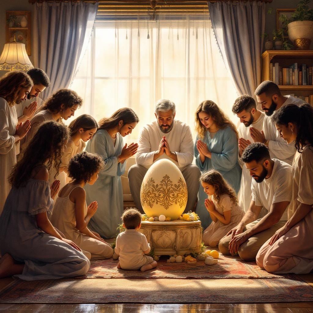 Personas reunidas alrededor de un huevo decorado en una escena que evoca un ritual contemporáneo de Pascua y chocolate