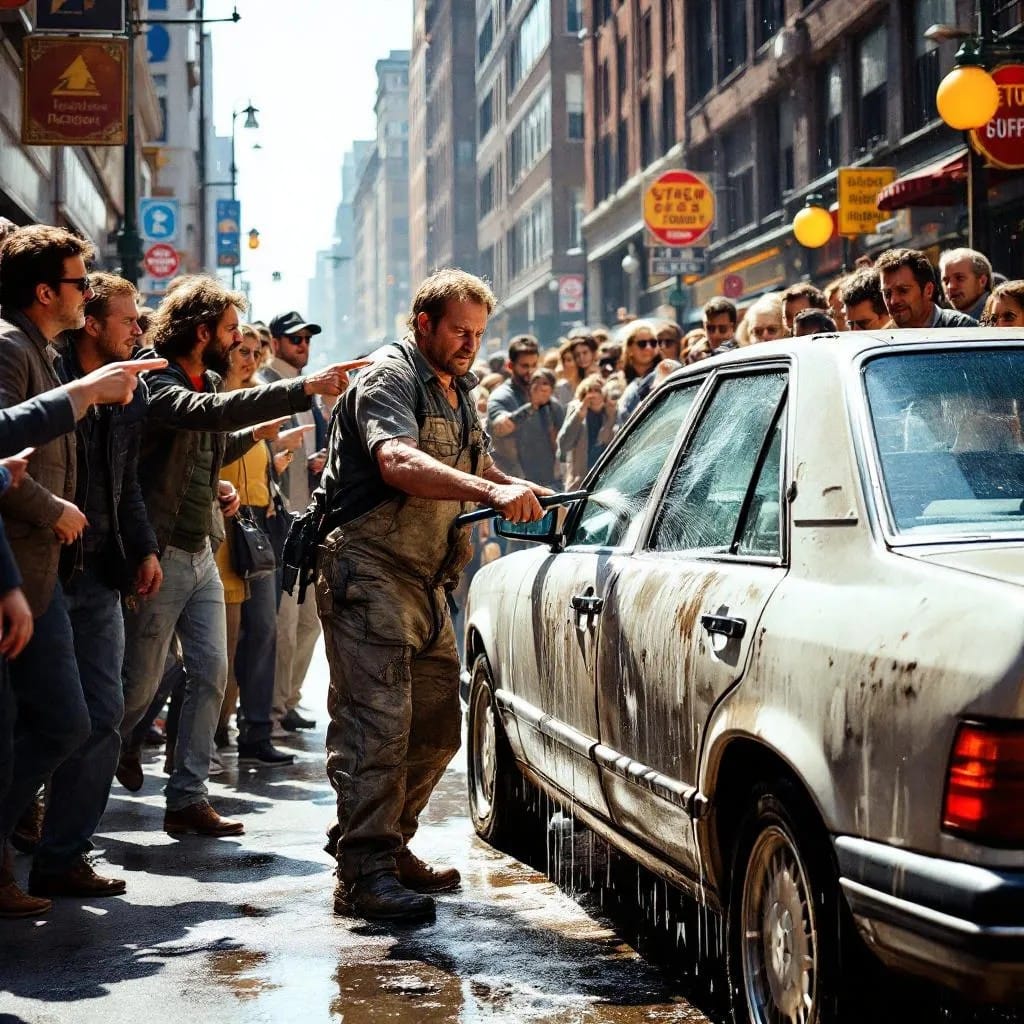 Grupo de personas observando a un trabajador limpiando un auto sucio en una calle urbana concurrida