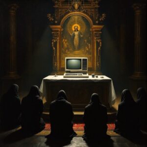 Escena ritual con figuras encapuchadas frente a un antiguo monitor, simbolizando cómo Gemini se convierte en un nuevo mediador del sentido en la cultura digital