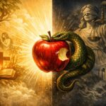 Ilustración dividida en dos mitades: a la izquierda, una escena bíblica con Adán y Eva bajo un árbol iluminado; a la derecha, una figura de la Justicia con los ojos vendados y una balanza. En el centro, una manzana roja mordida rodeada por una serpiente conecta ambos mundos