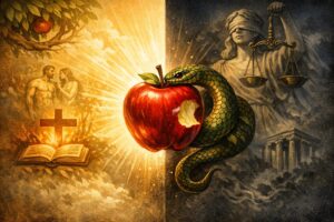 Ilustración dividida en dos mitades: a la izquierda, una escena bíblica con Adán y Eva bajo un árbol iluminado; a la derecha, una figura de la Justicia con los ojos vendados y una balanza. En el centro, una manzana roja mordida rodeada por una serpiente conecta ambos mundos