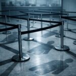 Escenario de espera vacío con barreras de fila y sombras humanas, representando la burocracia como espacio que ordena incluso sin personas