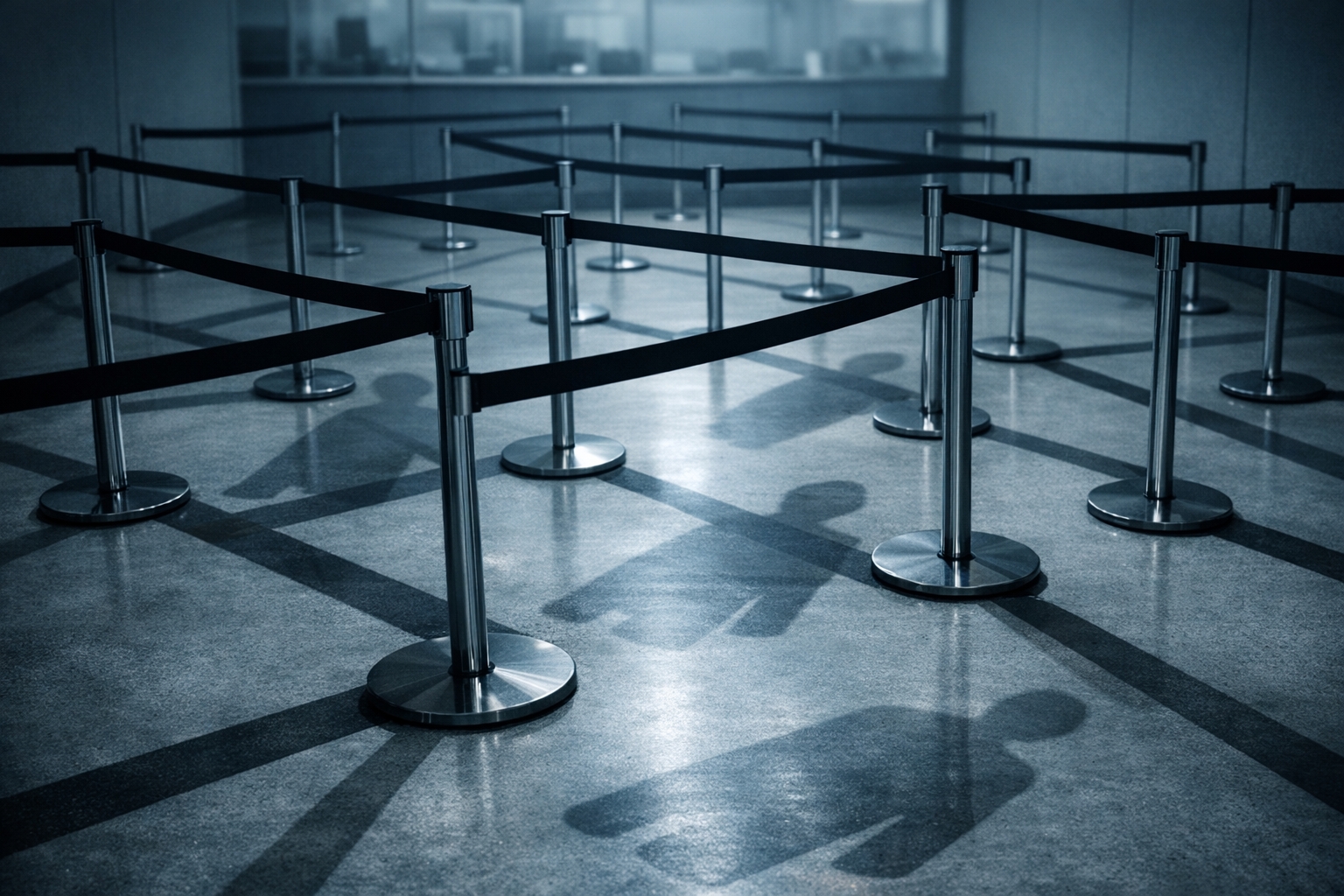 Escenario de espera vacío con barreras de fila y sombras humanas, representando la burocracia como espacio que ordena incluso sin personas