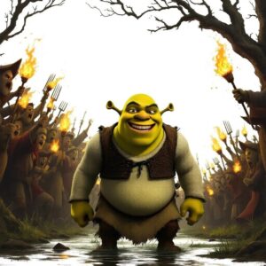 Shrek frente a una turba con antorchas, imagen que sostiene el enfoque SEO sobre lo ilegible y lo no optimizado