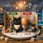 Gato en versión Schrödinger entre crudo y cocido, metáfora visual del Día Mundial de la Cuántica