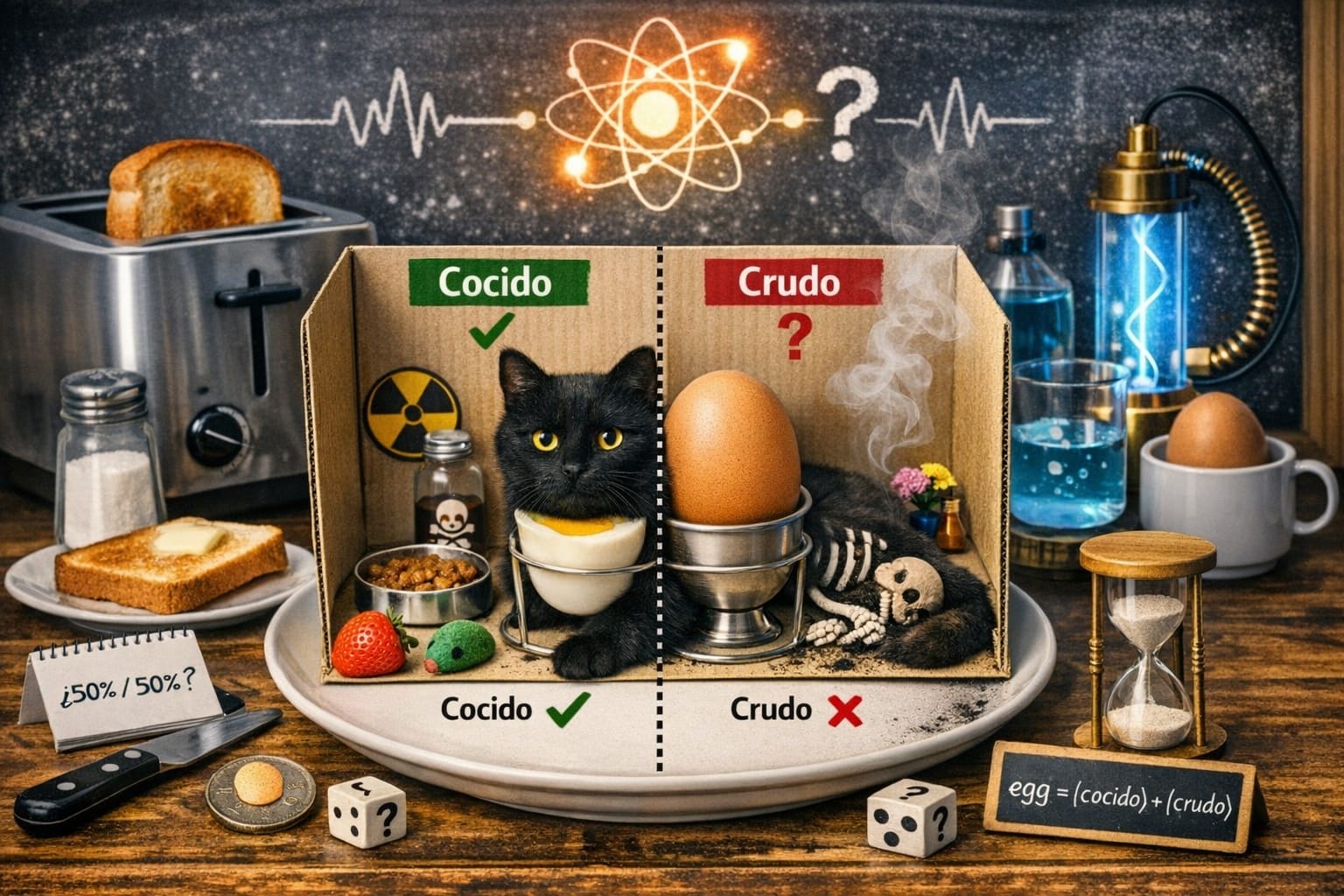 Gato en versión Schrödinger entre crudo y cocido, metáfora visual del Día Mundial de la Cuántica