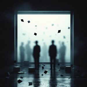 Siluetas anónimas frente a una luz institucional que evoca controles y trámites, una escena que refleja qué es la ultraderecha cuando baja al llano