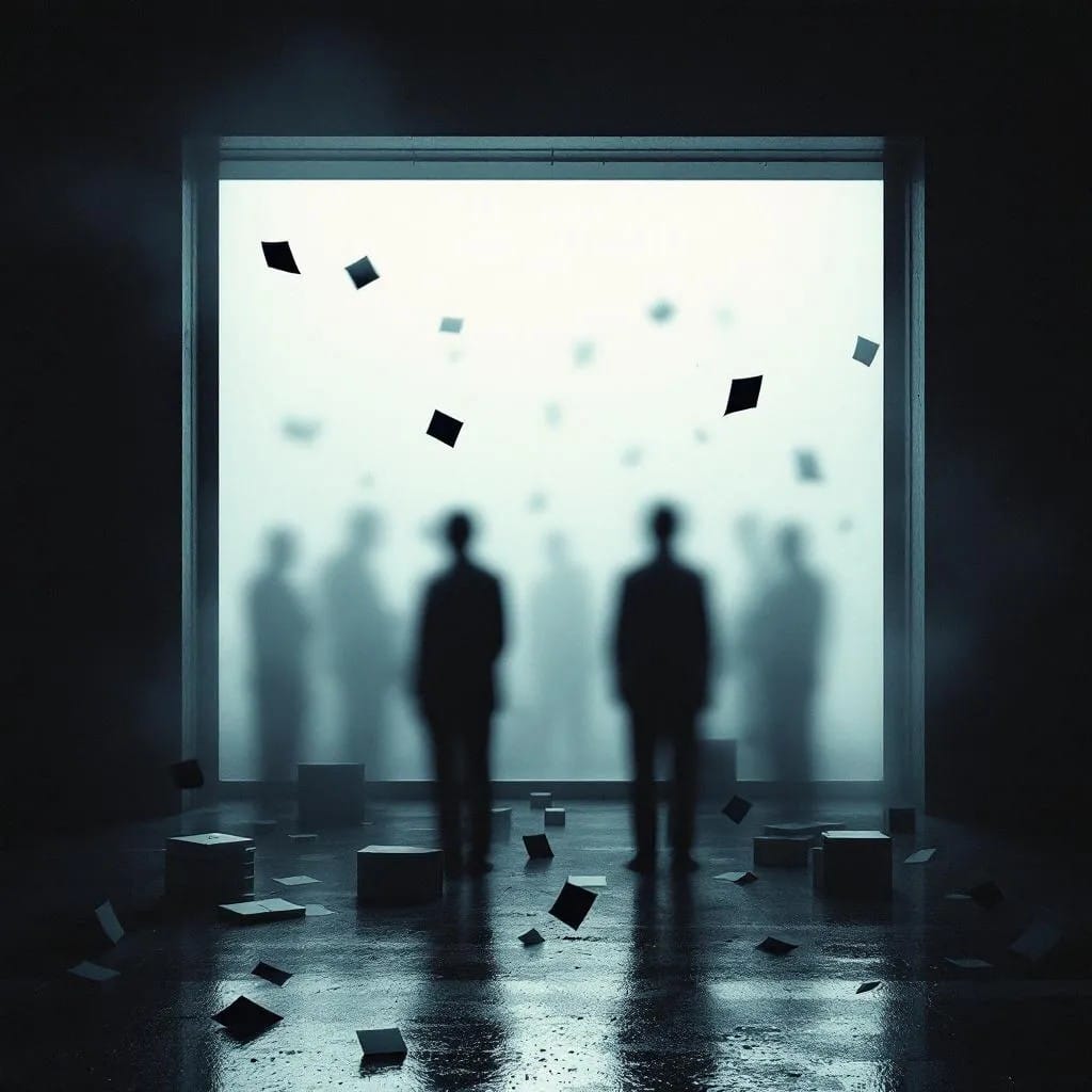 Siluetas anónimas frente a una luz institucional que evoca controles y trámites, una escena que refleja qué es la ultraderecha cuando baja al llano