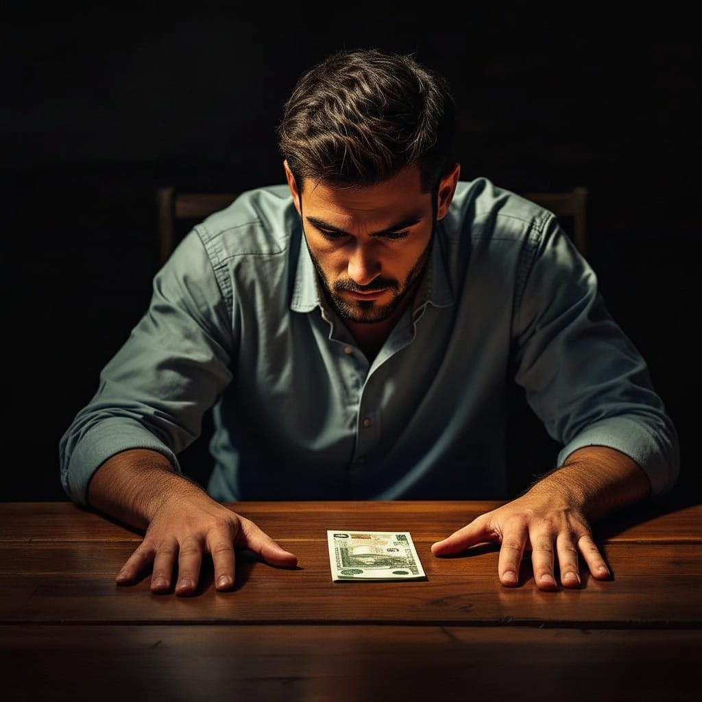 Hombre observando un único billete como metáfora de la presión económica ligada al rol de los hombres