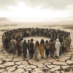 Multitud caminando en círculo sobre un desierto agrietado, imagen de crisis global representada como movimiento sin destino