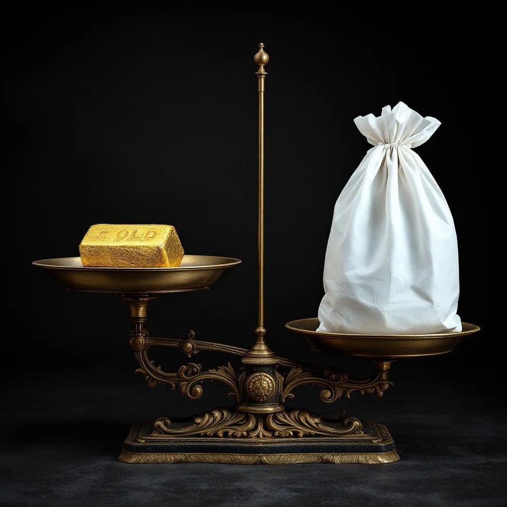 Balanza antigua con un lingote de oro pesando más que una bolsa vacía, simbolizando la desigualdad entre el capital y la economía cotidiana