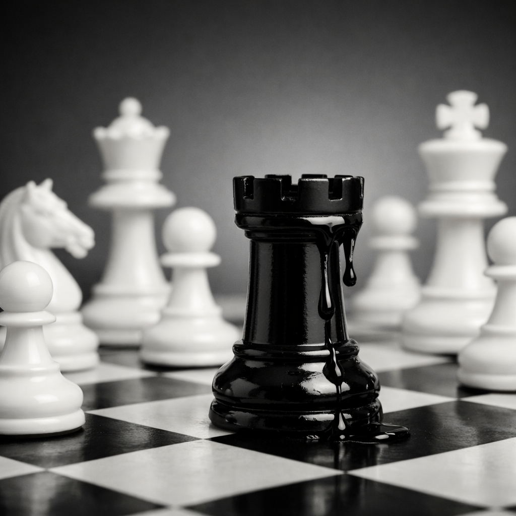 Torre negra de ajedrez goteando petróleo entre piezas blancas, símbolo del poder geopolítico y la fragilidad económica global