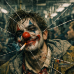 Payaso urbano con rostro fragmentado que refleja la exclusión cotidiana y el eco de Joker