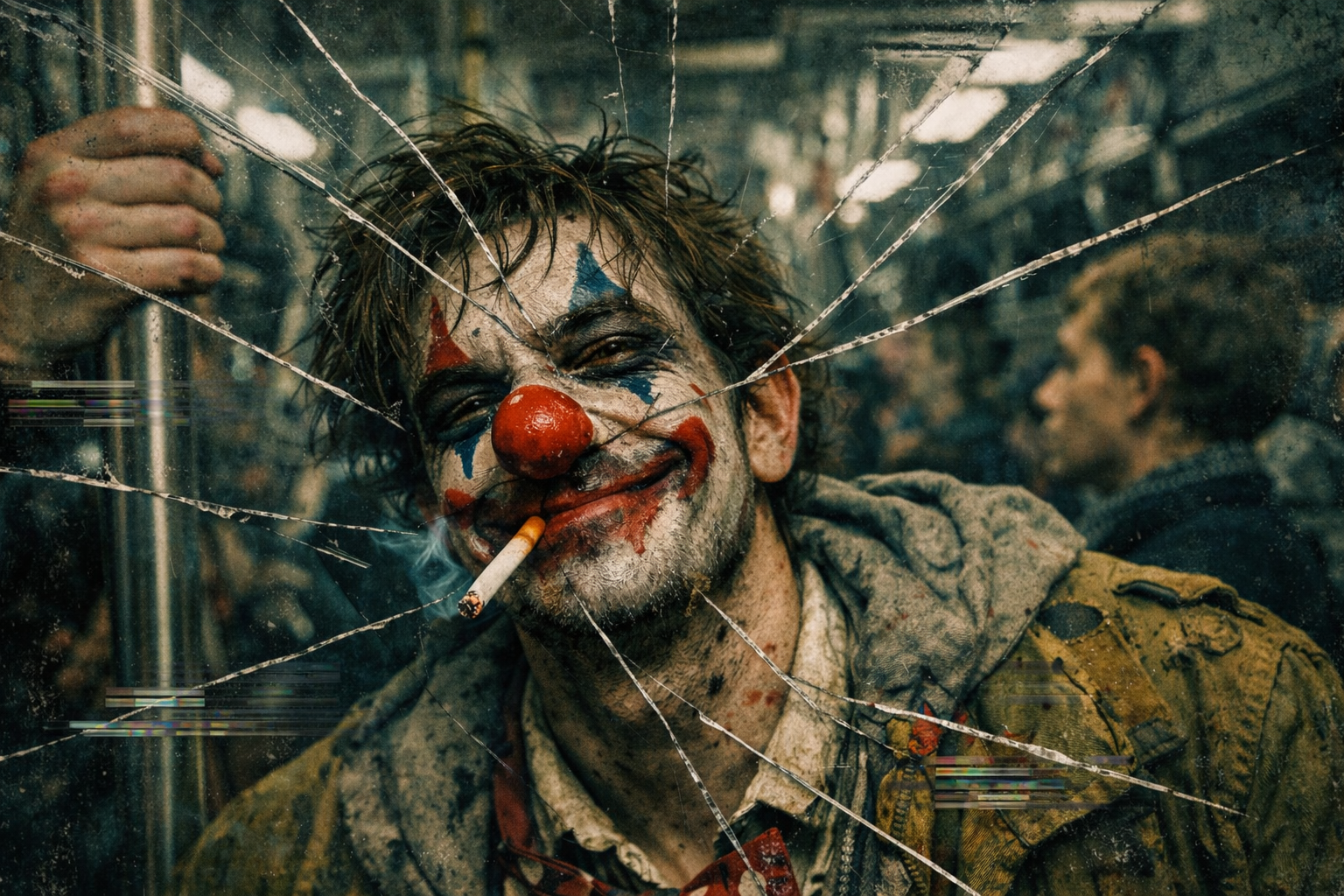 Payaso urbano con rostro fragmentado que refleja la exclusión cotidiana y el eco de Joker