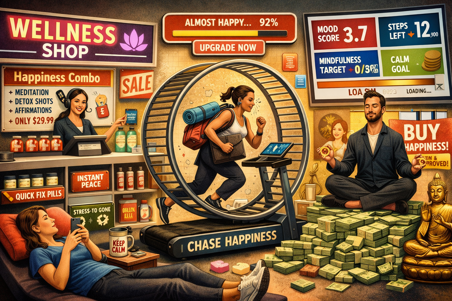 Ilustración irónica sobre la industria del bienestar: personas midiendo su calma, comprando felicidad y persiguiendo serenidad como si fuera un KPI