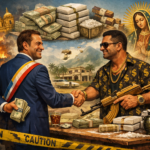 Ilustración satírica sobre el narcotráfico en América Latina. Un político con banda presidencial estrecha la mano de un capo narco frente a una mesa con dinero y cocaína, mientras detrás se mezclan escenas de campaña, violencia y lujo. La imagen combina símbolos religiosos, poder y corrupción bajo una cinta amarilla de “Caution”
