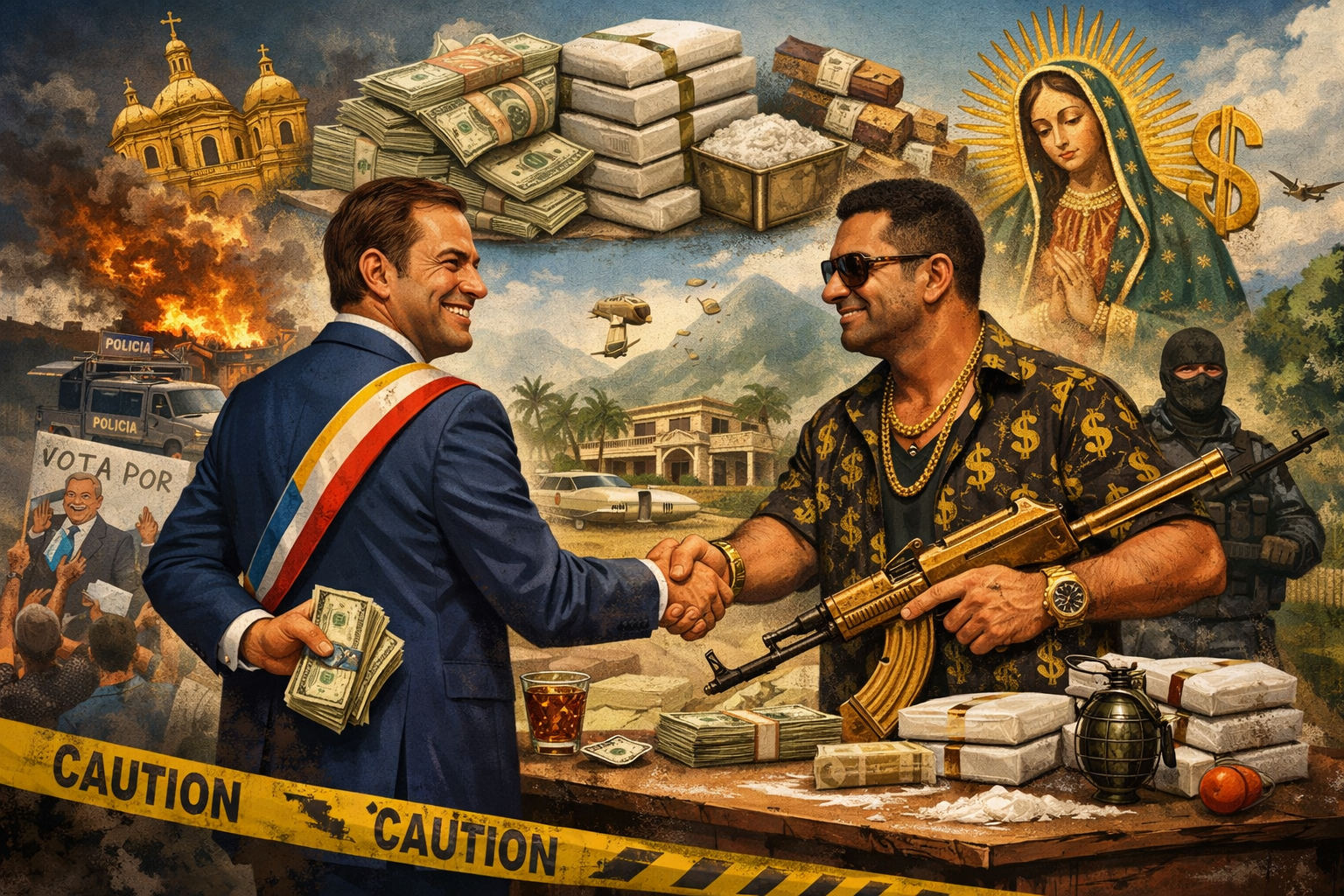 Ilustración satírica sobre el narcotráfico en América Latina. Un político con banda presidencial estrecha la mano de un capo narco frente a una mesa con dinero y cocaína, mientras detrás se mezclan escenas de campaña, violencia y lujo. La imagen combina símbolos religiosos, poder y corrupción bajo una cinta amarilla de “Caution”