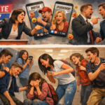 Ilustración horizontal sobre bullying y adultos que reproducen violencia. En la parte superior, adultos discuten y se insultan en televisión y redes sociales; en la inferior, adolescentes acosan y se burlan de sus compañeros en un pasillo escolar, reflejando el mismo comportamiento y mostrando cómo el bullying replica la agresión adulta