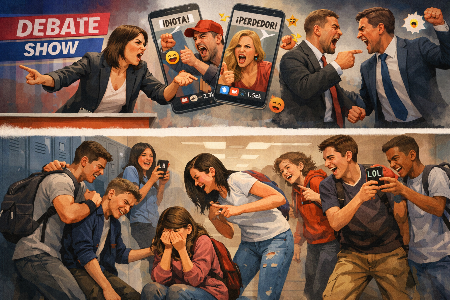 Ilustración horizontal sobre bullying y adultos que reproducen violencia. En la parte superior, adultos discuten y se insultan en televisión y redes sociales; en la inferior, adolescentes acosan y se burlan de sus compañeros en un pasillo escolar, reflejando el mismo comportamiento y mostrando cómo el bullying replica la agresión adulta