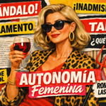 Portada editorial pop de Babilonia News con una mujer madura y segura sosteniendo una copa de vino, rodeada de titulares sensacionalistas sobre deseo, moral y autonomía femenina. La estética irónica y colorida satiriza los prejuicios culturales alrededor del fenómeno cougar