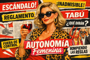 Portada editorial pop de Babilonia News con una mujer madura y segura sosteniendo una copa de vino, rodeada de titulares sensacionalistas sobre deseo, moral y autonomía femenina. La estética irónica y colorida satiriza los prejuicios culturales alrededor del fenómeno cougar