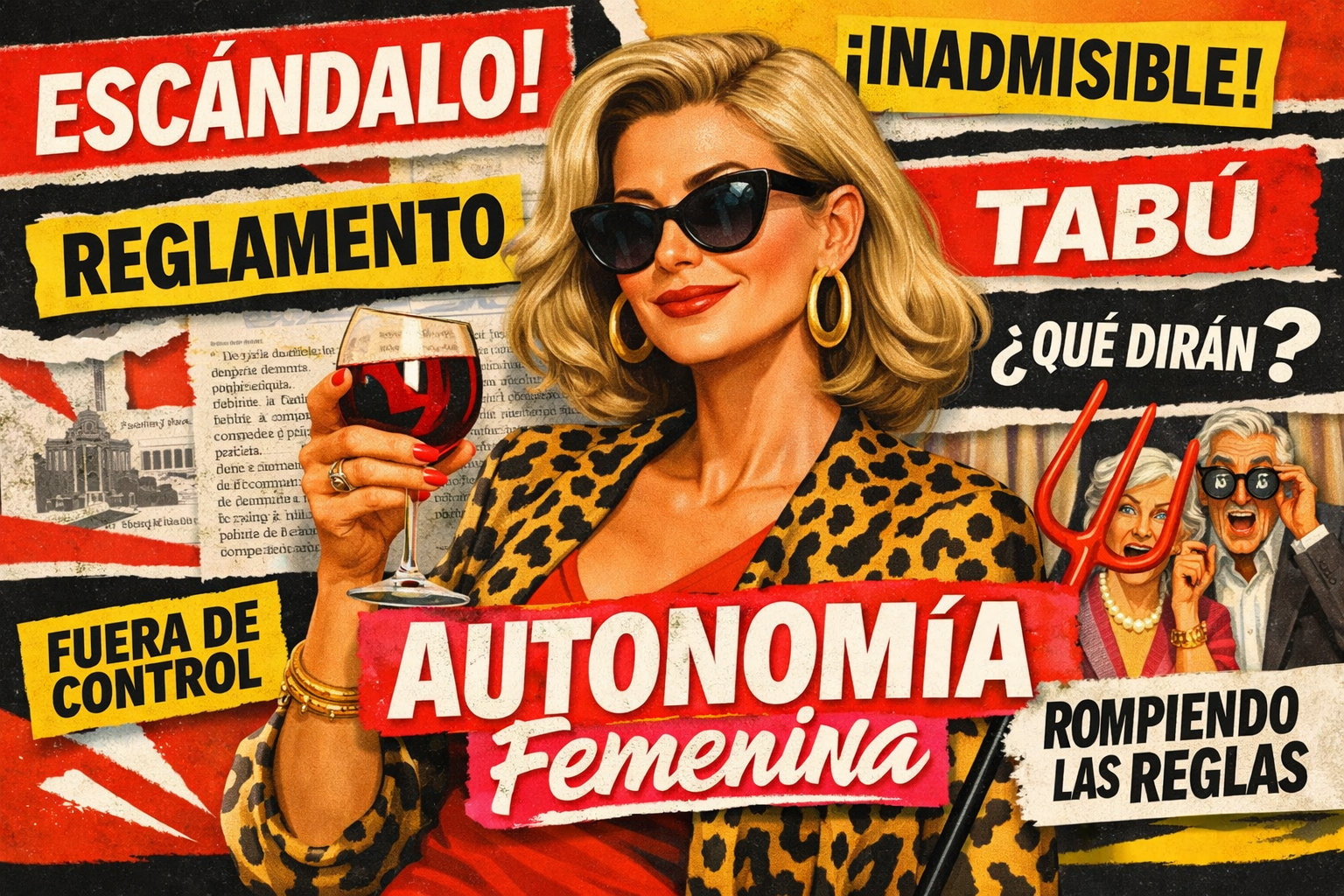 Portada editorial pop de Babilonia News con una mujer madura y segura sosteniendo una copa de vino, rodeada de titulares sensacionalistas sobre deseo, moral y autonomía femenina. La estética irónica y colorida satiriza los prejuicios culturales alrededor del fenómeno cougar