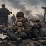 Dos niños sentados entre escombros tras un bombardeo, uno sostiene un oso de peluche y otro se cubre el rostro; detrás, soldados armados y una cruz dañada se recortan entre humo y ruinas, símbolo del contraste entre fe y guerra