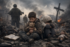 Dos niños sentados entre escombros tras un bombardeo, uno sostiene un oso de peluche y otro se cubre el rostro; detrás, soldados armados y una cruz dañada se recortan entre humo y ruinas, símbolo del contraste entre fe y guerra