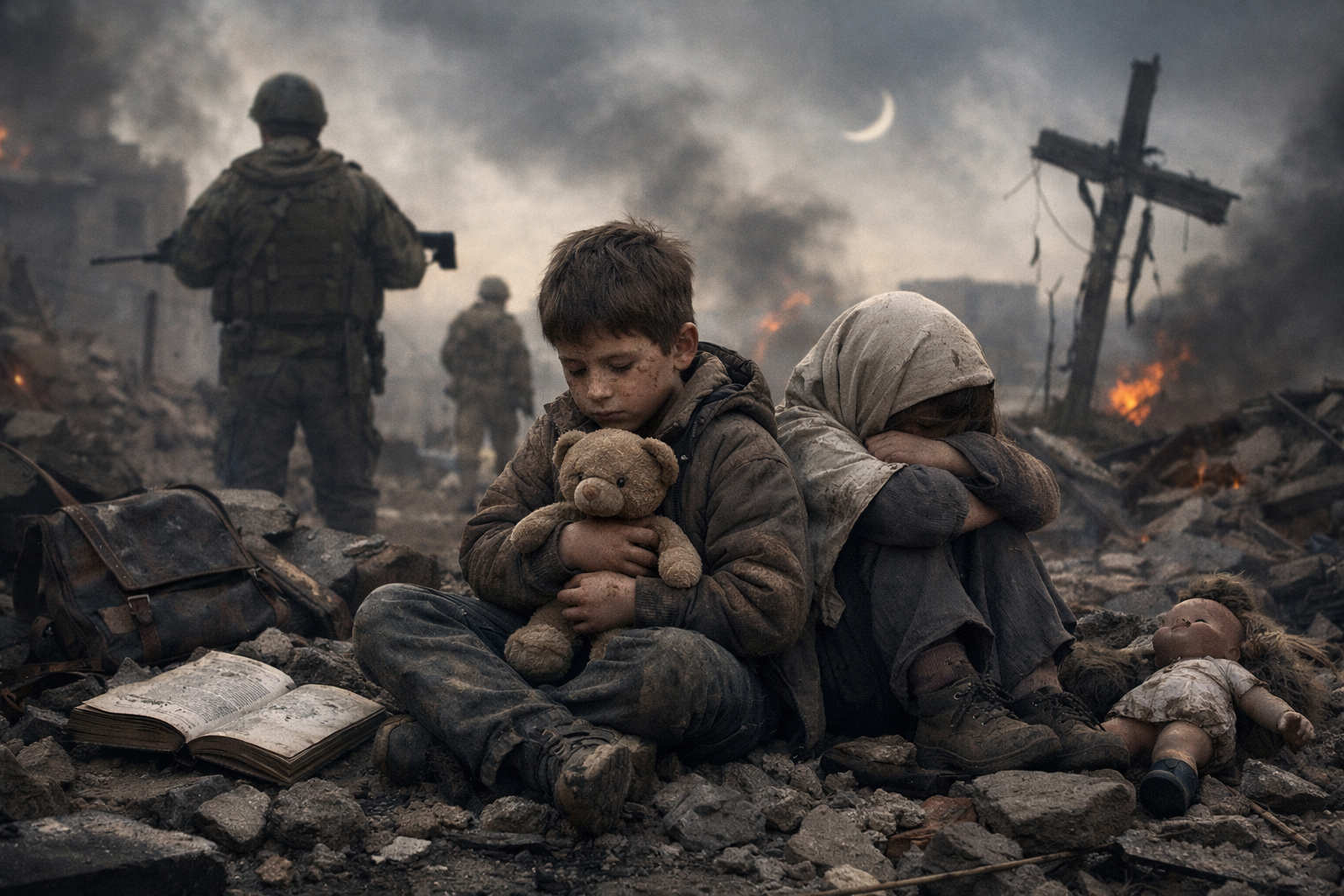 Dos niños sentados entre escombros tras un bombardeo, uno sostiene un oso de peluche y otro se cubre el rostro; detrás, soldados armados y una cruz dañada se recortan entre humo y ruinas, símbolo del contraste entre fe y guerra