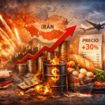 Ilustración horizontal sobre la inflación global provocada por la guerra en Irán. A la izquierda, un buque petrolero navega por el estrecho de Ormuz entre explosiones y humo; en el centro, monedas y un barril con el símbolo del dólar arden bajo una flecha roja ascendente que simboliza la inflación; a la derecha, alimentos básicos, un recibo con aumento de precios, un avión y una estación de servicio con valores en alza. El fondo muestra un mapa de Irán y una ciudad iluminada, uniendo guerra, energía e inflación en una misma escena.