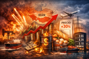 Ilustración horizontal sobre la inflación global provocada por la guerra en Irán. A la izquierda, un buque petrolero navega por el estrecho de Ormuz entre explosiones y humo; en el centro, monedas y un barril con el símbolo del dólar arden bajo una flecha roja ascendente que simboliza la inflación; a la derecha, alimentos básicos, un recibo con aumento de precios, un avión y una estación de servicio con valores en alza. El fondo muestra un mapa de Irán y una ciudad iluminada, uniendo guerra, energía e inflación en una misma escena.
