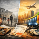 Ilustración sobre la paradoja del crecimiento global. A la izquierda, una escena urbana deteriorada con una billetera vacía y personas caminando entre edificios gastados simboliza la pobreza persistente. A la derecha, rascacielos, monedas doradas y una flecha ascendente representan el PBI en alza y la riqueza concentrada. El contraste muestra cómo la economía crece mientras la desigualdad se mantiene intacta