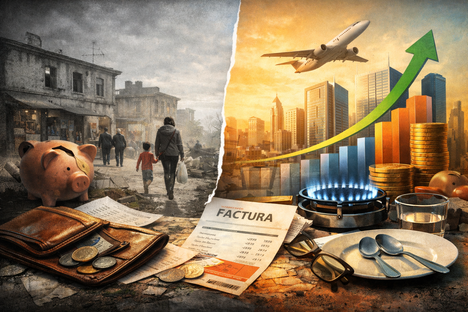 Ilustración sobre la paradoja del crecimiento global. A la izquierda, una escena urbana deteriorada con una billetera vacía y personas caminando entre edificios gastados simboliza la pobreza persistente. A la derecha, rascacielos, monedas doradas y una flecha ascendente representan el PBI en alza y la riqueza concentrada. El contraste muestra cómo la economía crece mientras la desigualdad se mantiene intacta