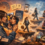 Ilustración conceptual sobre la crisis de sentido, donde una mujer observa su reflejo fragmentado en un espejo mientras múltiples versiones de sí misma caminan sobre plataformas inestables. A su alrededor flotan símbolos de identidad moderna —teléfonos, tarot, redes sociales, brújulas sin dirección— que representan la búsqueda de propósito en un mundo saturado de versiones del yo.