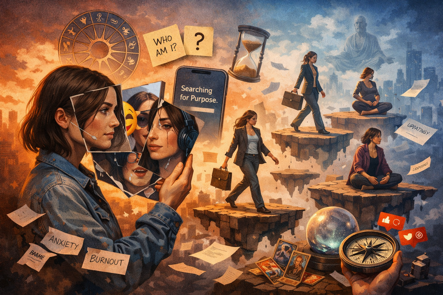 Ilustración conceptual sobre la crisis de sentido, donde una mujer observa su reflejo fragmentado en un espejo mientras múltiples versiones de sí misma caminan sobre plataformas inestables. A su alrededor flotan símbolos de identidad moderna —teléfonos, tarot, redes sociales, brújulas sin dirección— que representan la búsqueda de propósito en un mundo saturado de versiones del yo.