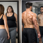 Ilustración sobre la distorsión de la imagen corporal: una mujer delgada ve en el espejo una versión más gorda de sí misma, y un hombre musculoso observa su reflejo más delgado.