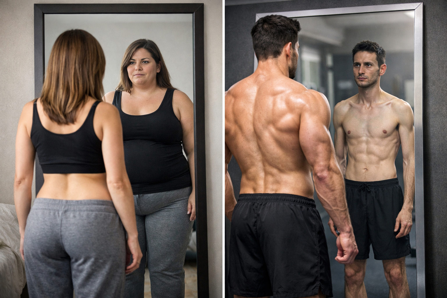 Ilustración sobre la distorsión de la imagen corporal: una mujer delgada ve en el espejo una versión más gorda de sí misma, y un hombre musculoso observa su reflejo más delgado.