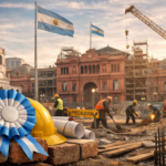 Escena simbólica del 25 de mayo: una escarapela argentina sobre ladrillos y una obra en construcción frente a la Casa Rosada, representando un país que celebra su independencia mientras sigue en andamios.